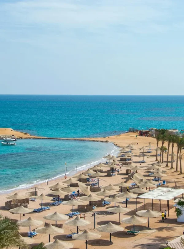 Idyllic beach scene with rows of umbrellas and azure ocean, perfect for travel and relaxation themes.