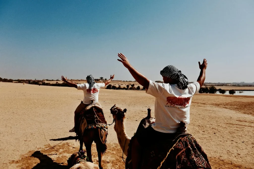 Men riding camels in the expansive Oasi del Fayyum desert, Egypt.