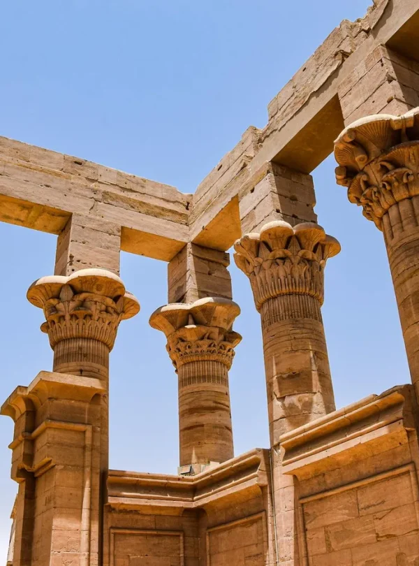 Close-up of Trajan's Kiosk in Philae, showcasing classical Egyptian architecture.