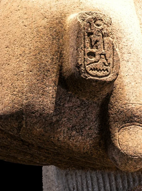 Detailed view of an ancient Egyptian statue's hand with hieroglyphics, showcasing historic artistry.