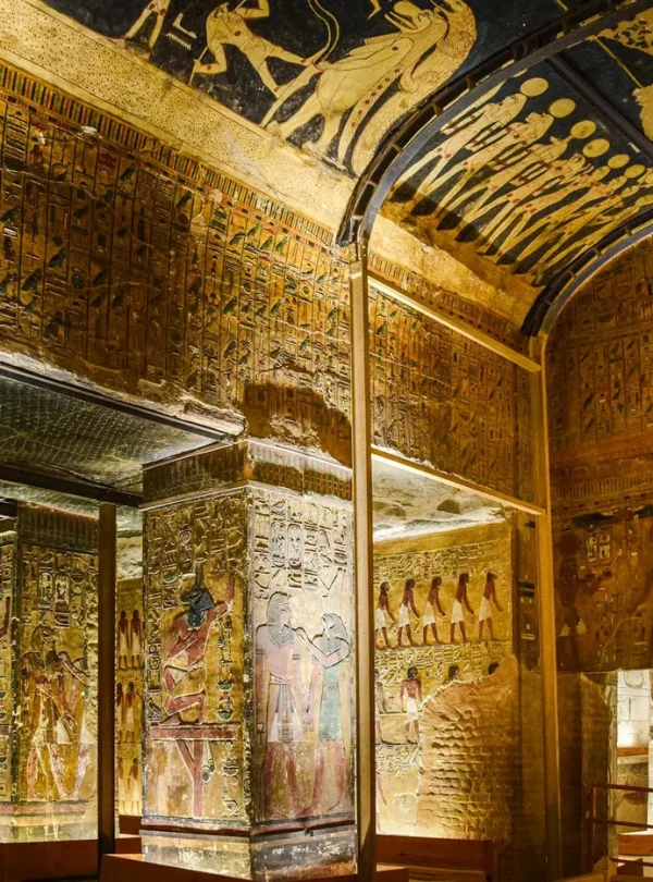 Explore the rich hieroglyphics and art inside an ancient Egyptian tomb, a testament to historic grandeur.