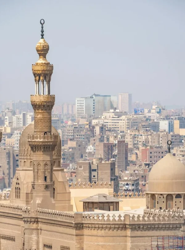 Scenic aerial shot of intricate Islamic architecture with cityscape in Cairo, Egypt.