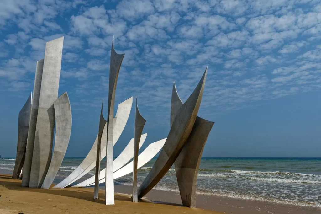 Stunning view of Les Braves sculpture on Omaha Beach, Normandy, France.
