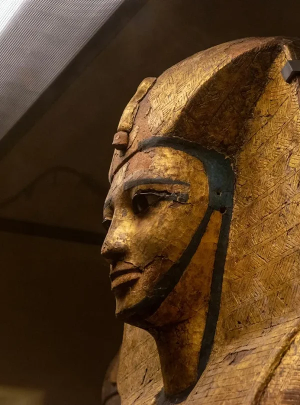Close-up of a golden Egyptian pharaoh mask displayed in a museum setting.