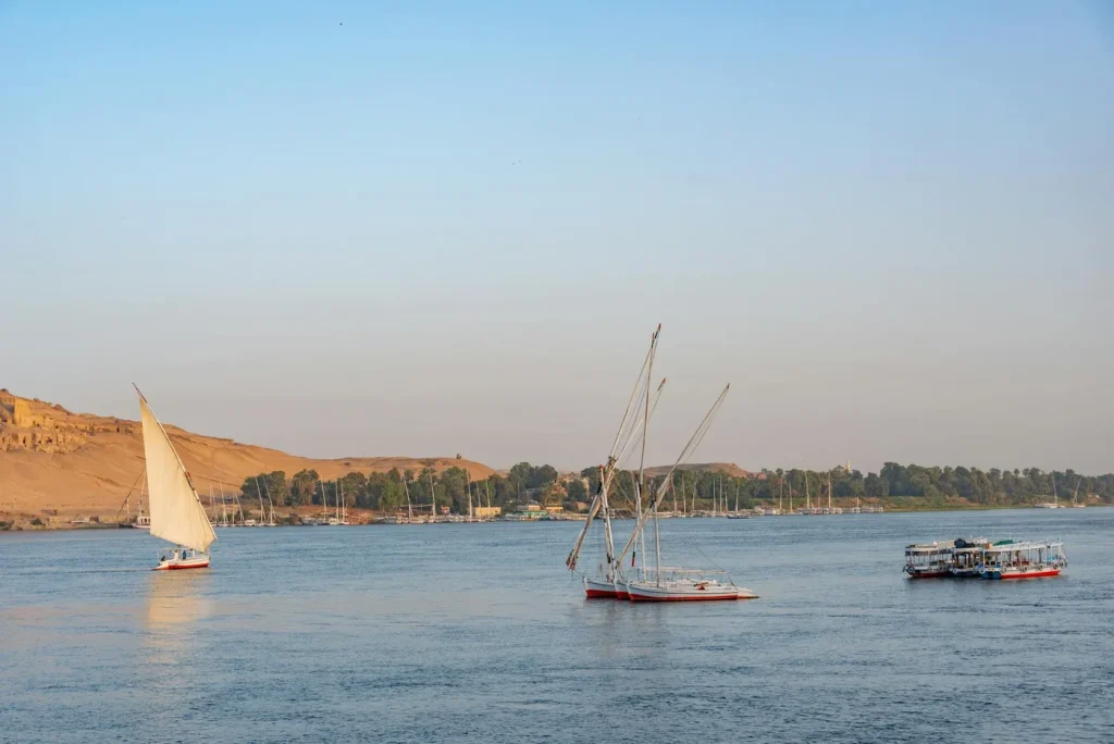 Classic sailboats glide along the Nile with a scenic backdrop of Aswan's desert landscape.