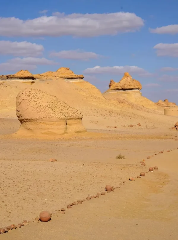 Stunning desert landscape of Wadi Al-Hitan in Egypt with unique rock formations under a bright sky.